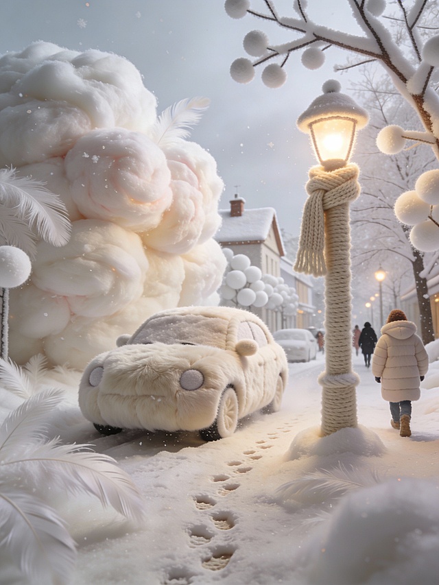 改变冬天的基本元素——雪。在这个世界里，下的不是冰冷的晶体，而是巨大的、温热的棉花糖团和羽绒球。街道、汽车、路灯都被这种极其蓬松、半透明的白色物质淹没。汽车为了在“棉花雪”中行驶，轮胎变成了巨大的毛线球滚轮。