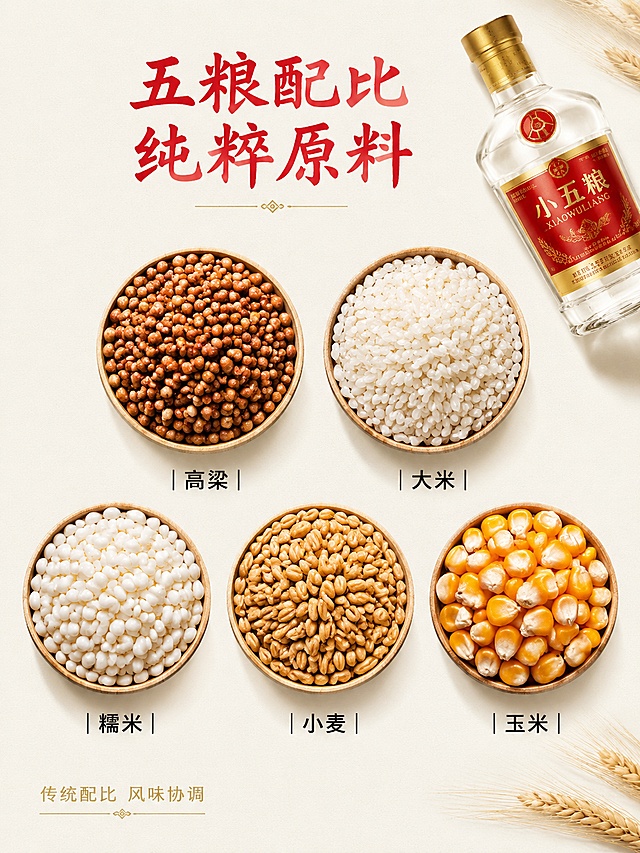 [第3屏] 详情页成分屏-五种粮食原料展示。
[氛围/风格] 自然原料展示，通透干净质感。
[元素布局] 画面中心放大展示五种粮食原料：高粱、大米、糯米、小麦、玉米，每种原料微距实拍，整齐排列成两排，每种原料占屏约15%，合计占主视觉区域超过60%。小五粮酒瓶斜放右上角作为产品展示，保持产品外观和输入图一致。每种原料下方标注名称，原料清晰真实，颗粒饱满可见纹理。
[光影质感] 柔和顶光，突出粮食颗粒纹理，画面通透干净，每个原料都清晰突出。
[配色色系] 全局底色 #f5f5f0；主色原料自然谷物色，辅助色保留产品红金。
[视角构图] 中心构图，原料矩阵排列，产品点缀右上角，阅读动线从上到下逐行浏览。
[文字版式] 顶部大标题 "五粮配比 纯粹原料"，红色书法字体居中；每种原料下方标注对应名称，黑色细体字，清晰标注不抢主体；左下角小字标注 "传统配比 风味协调"，金色细字。
[比例分辨率] 3:4 竖版比例，4K分辨率，文字清晰可辨，高清画质。
[负向提示词] 文字错乱，背景杂乱，水印，变形，原料模糊