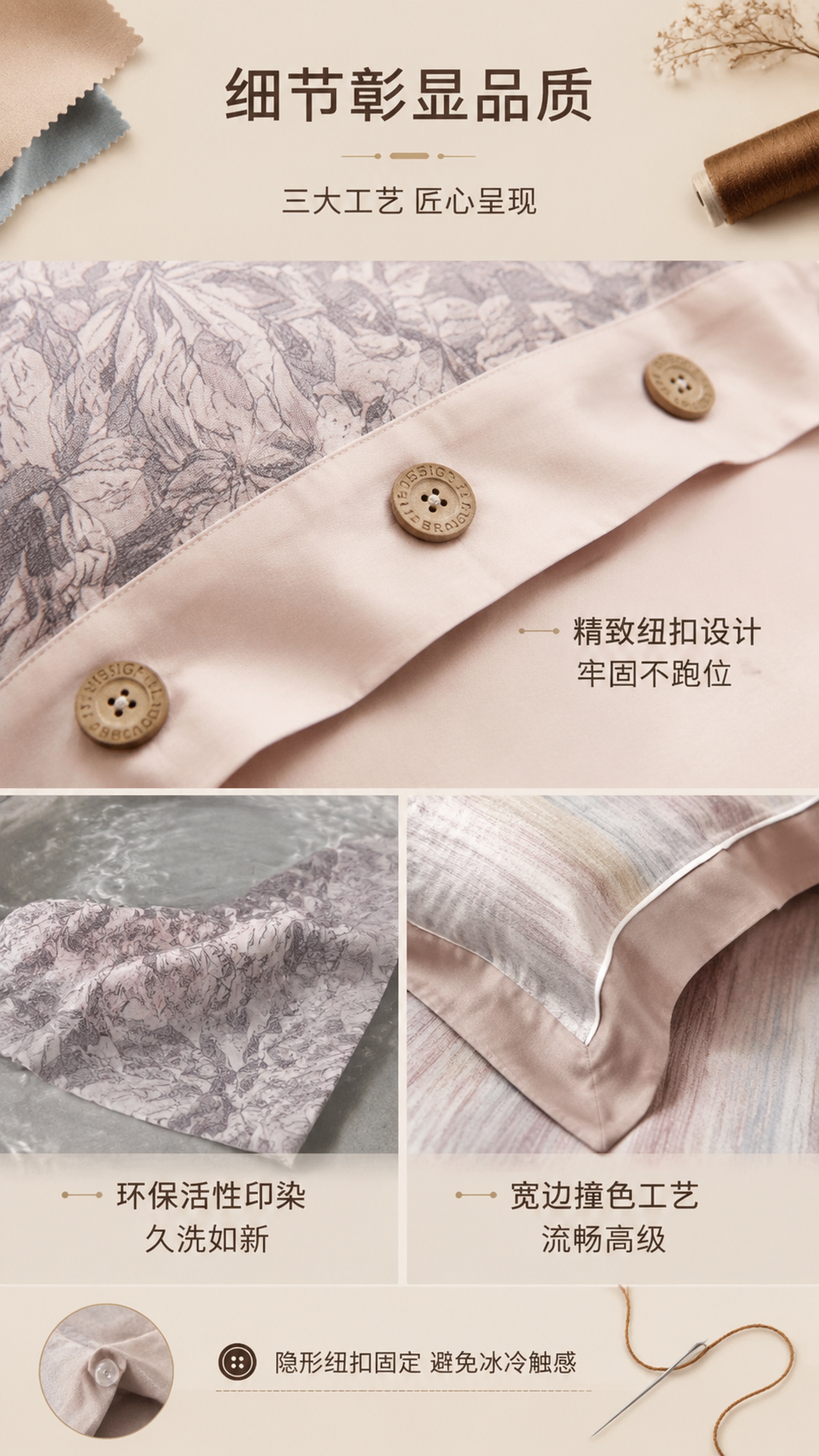 [第5屏] 工艺细节卖点详情页-纽扣设计+活性印染工艺展示。本… - 图片创意预览