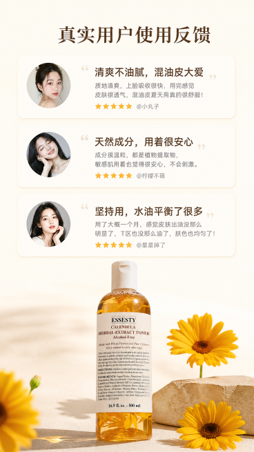 [第15屏] 用户真实使用感受分享。三个用户评价卡片，分别分享使用体验："清爽不油腻，混油皮大爱"、"天然成分，用着很安心"、"坚持用，水油平衡了很多"。底部放产品图保持【图1】一致。米白背景，卡片风预览效果
