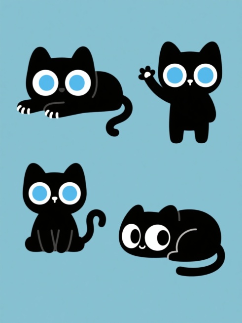 系列罗小黑素材集合，保持简约扁平风格，纯黑主体搭配天蓝色圆形大眼睛，白色眼瞳高光，规整排布于纯色背景上，包含四个完全不同造型：1. 趴着探头露出爪子的经典姿势，2. 站立举起一只小爪子挥手，3. 坐着尾巴卷曲成环形，4. 侧躺身体蜷缩成半圆形，每个造型均保留圆润轮廓和可爱萌系表情，整体视觉统一且造型多样。预览效果