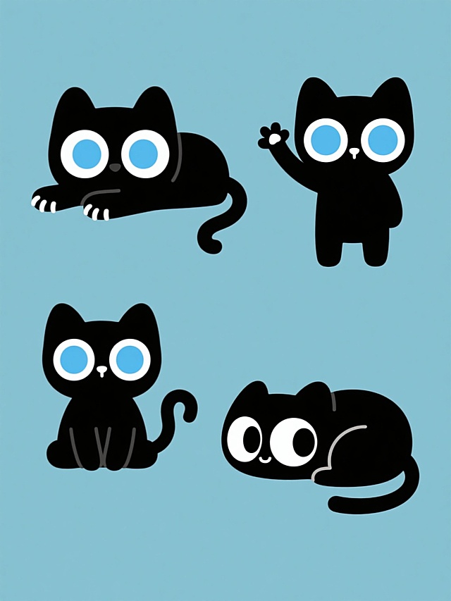 系列罗小黑素材集合，保持简约扁平风格，纯黑主体搭配天蓝色圆形大眼睛，白色眼瞳高光，规整排布于纯色背景上，包含四个完全不同造型：1. 趴着探头露出爪子的经典姿势，2. 站立举起一只小爪子挥手，3. 坐着尾巴卷曲成环形，4. 侧躺身体蜷缩成半圆形，每个造型均保留圆润轮廓和可爱萌系表情，整体视觉统一且造型多样。