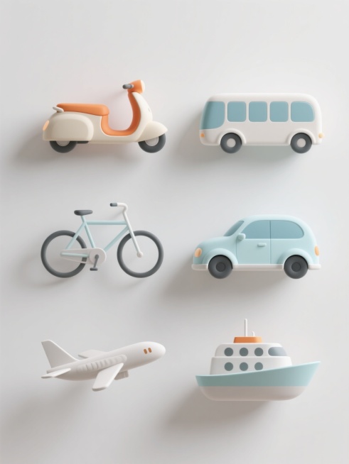 六个简约现代风格的交通工具设计素材规整排布，包含电动车、汽车、自行车、公交车、飞机、轮船，每个交通工具均采用圆润流畅的线条造型，搭配低饱和度的马卡龙色系（如电动车的米白与橙色组合、汽车的浅蓝与白色搭配等），统一的哑光材质表面处理，柔和的顶部单侧光源形成轻微阴影增强立体感，所有元素悬浮于纯白色纯色背景上，无任何文字、logo及水印，整体构图平衡对称，展现出简洁明快的现代设计感。预览效果