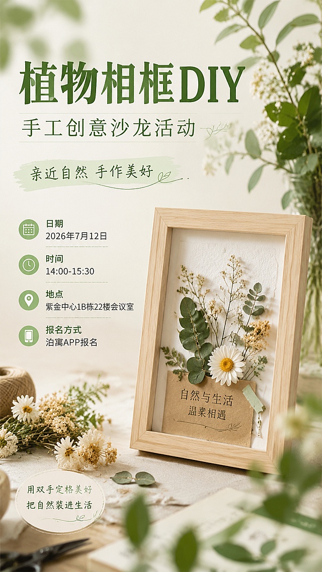 清新自然文艺风格植物相框DIY活动宣传海报，写实摄影风，画面整体排版精美，主标题清晰显示"植物相框DIY"，副标题显示"手工创意沙龙活动"，装饰文字显示"亲近自然 手作美好"，包含活动信息文字：日期2026年7月12日、时间14:00-15:30、地点紫金中心1B栋22楼会议室、报名方式泊寓APP报名，背景用浅绿米色自然植物氛围，点缀真实干花和绿植叶片虚化前景，整体氛围温馨治愈，所有文字清晰可读，布局分区合理，符合9:16竖版海报
