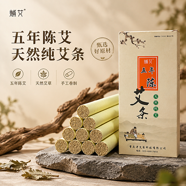 [单张主图] 五年陈艾条 高级氛围感主图，抖音电商1:1主图，目标是用天然草本、石木静物的高级质感吸引点击，传递五年陈、天然纯艾的品质感。
[参考比对] 参考图为石磨艾柱产品图，采用暖米色渐变背景、灰色天然石块承托产品、左侧枯木枝干与干枯叶片点缀、产品堆叠在石上、艾柱金字塔堆叠在右下；色调为暖米白+灰石色+木棕+艾绒土黄；光影为柔和自然光、浅景深、产品清晰背景柔焦；整体风格为天然草本、质朴高级、东方养生感。本次保留参考图的暖调石木静物风格背景与天然草本氛围，但产品替换为用户的艾条产品，构图做差异化：改为左文右物场景型版式，产品放在画面中右部，左侧留白放标题与卖点，不照搬参考图的左右双盒+右下艾柱构图。
[画面主体] 画面中右侧摆放1盒五年陈艾条包装盒（米白色纸盒，正面橙色方形橙底白字黑字“五年陈艾条”，右侧竖排绿色圆形“天然纯艾”四字，底部古人艾灸插画，顶部梅花枝图案，品牌名“燀艾”），包装盒前方斜靠或立放，包装盒左侧或前方堆叠数根艾条（淡黄色纸卷，断面可见艾绒土黄色纤维质感），艾条呈金字塔形或阶梯堆叠，约8-10根，断面朝向观众，清晰展示艾绒质地。产品外观、颜色、结构、Logo、文字排版必须与输入产品图完全一致，不得变形、变色、缺字。主体占画面约50%-60%。
[构图版式] 采用左文右物场景型高级感版式。左侧约40%区域留白放标题与卖点，右侧约60%放产品主体与场景道具。产品不被石块承托，自然不悬浮。
[场景元素] 背景为暖米色到浅米黄的柔和渐变背景，干净高级。产品下方用一块天然灰色扁平石块承托艾条包装盒，石块有自然纹理、边缘圆润，质感真实。画面左侧或左后方加入一截干枯的棕色树枝/枯木枝干，斜向延伸，增加自然质朴感。画面左下角或右下角散落2-3片干枯的艾叶/草本叶片，增加草本氛围。整体为东方养生、天然草本、质朴高级的静物摄影场景，浅景深，背景轻微虚化，突出产品主体。
[文案版式] 左上角放品牌名“燀艾”小号字。左侧中部放主标题，分两行：第一行“五年陈艾”，第二行“天然纯艾条”，主标题字号大，清晰醒目。主标题下方放3个轻量卖点图标+短句，分别为“五年陈艾”“天然艾草”“手工卷制”，用细线图标或小圆点承接，文字简洁克制。右侧产品旁可加一个圆形小印章样式的“甄选好原材”或“天然”字样，增加品质感。所有文字放在左侧留白区，不遮挡产品主体。字体为细宋体或轻无衬线体，字重克制，靠留白与对齐分层级。
[光影质感] 柔和自然光从左上方斜射，产品左侧受光均匀，石块与艾条断面有自然高光，艾绒纤维质感清晰可见，纸盒有轻微哑光纸质感。产品底部有自然柔和的接触阴影，不悬浮。整体光影柔和、低对比、暖调，营造温润养生氛围。浅景深，背景虚化，主体清晰。
[配色字体] 主色：暖米白、浅米黄；辅助色：灰石色、枯木棕、艾绒土黄、艾绿点缀；强调色：从产品包装提取的橙色作为小面积点缀。字体风格：细宋体/轻无衬线，中文横排，主标题粗一点，辅助文字缩小50%以上。
[比例分辨率] 1:1正方形，2K分辨率，文字清晰可辨，产品细节清晰。
[负向提示词] 产品变形、包装盒文字错字糊字、水印、平台Logo、二维码、手机号、虚假认证、绝对化用语、产品悬浮、穿模、边缘硬切、背景杂乱、人物面部、多余手指、低清晰度、噪点、过度锐化、廉价感、强描边、HDR过度、产品颜色偏差、艾条数量不对、包装盒图案错误。