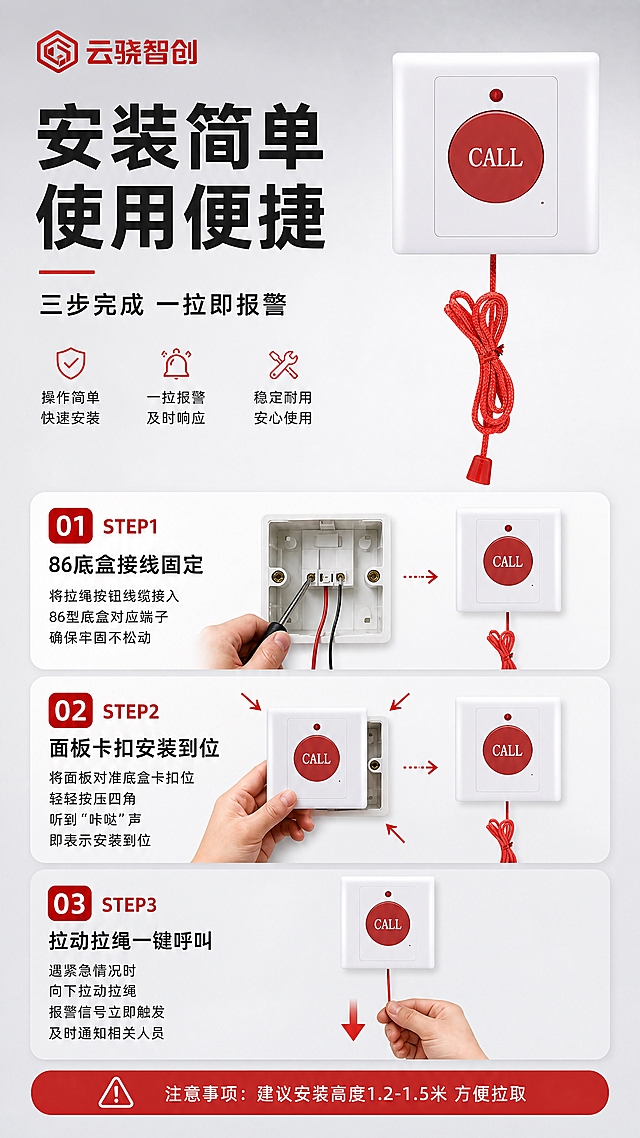 [商品] 使用【图1】右侧CALL款拉绳按钮产品图；严格保留白色86型面板、红色CALL大按钮、顶部指示灯、红色拉绳及坠子的全部外观、比例、颜色和材质，不做任何扭曲改变。左上角放置【图2】云骁智创LOGO。
[画面] 页面目标为安装与使用方式演示，让用户明白如何安装和操作；竖版9:16构图，顶部标题区，中部采用三步式安装使用示意（STEP1接线安装→STEP2固定面板→STEP3拉绳触发），每步配简化手部动作示意和对应产品角度图，底部补充注意事项文字条，空白区域用操作要点文字填充；背景为浅灰渐变棚拍风。
[视觉] 套系策略：风格=报警行业专业高级商业棚拍风；标题字=粗黑体厚重醒目；正文字=简洁无衬线黑体；主色=报警红+纯净白；背景延展=浅灰白渐变棚拍背景；强调色=报警红，用于步骤序号和重点提示；标题色=深灰黑；正文色=中深灰；组件=圆角步骤卡、红色数字序号、细线箭头；光影=柔和均匀棚拍光。
[文字] 主标题「安装简单 使用便捷」，副标题「三步完成 一拉即报警」；三步文字：STEP1 86底盒接线固定、STEP2 面板卡扣安装到位、STEP3 拉动拉绳一键呼叫；底部补充：建议安装高度1.2-1.5米 方便拉取；所有文字横向排版。
[规格] 图片比例9:16竖版，4K分辨率，淘宝/天猫中文详情页；负向提示：避免产品变形、颜色改变、文字竖排斜排、深色背景、过于彩色、空白区域、极限词。