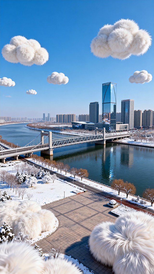 晴空万里冬日的临沂三河口，居中构图，色彩柔和，鸟瞰视角的全景