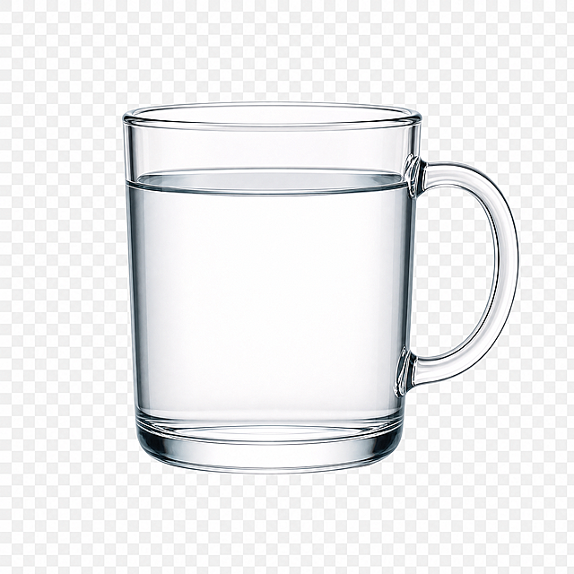 一个250ML容量的透明玻璃马克杯，杯内水位到达3/4处，水质透明洁净，不显示刻度线，去除底色，纯图标拟物风格，作为饮水机杯量显示按键使用