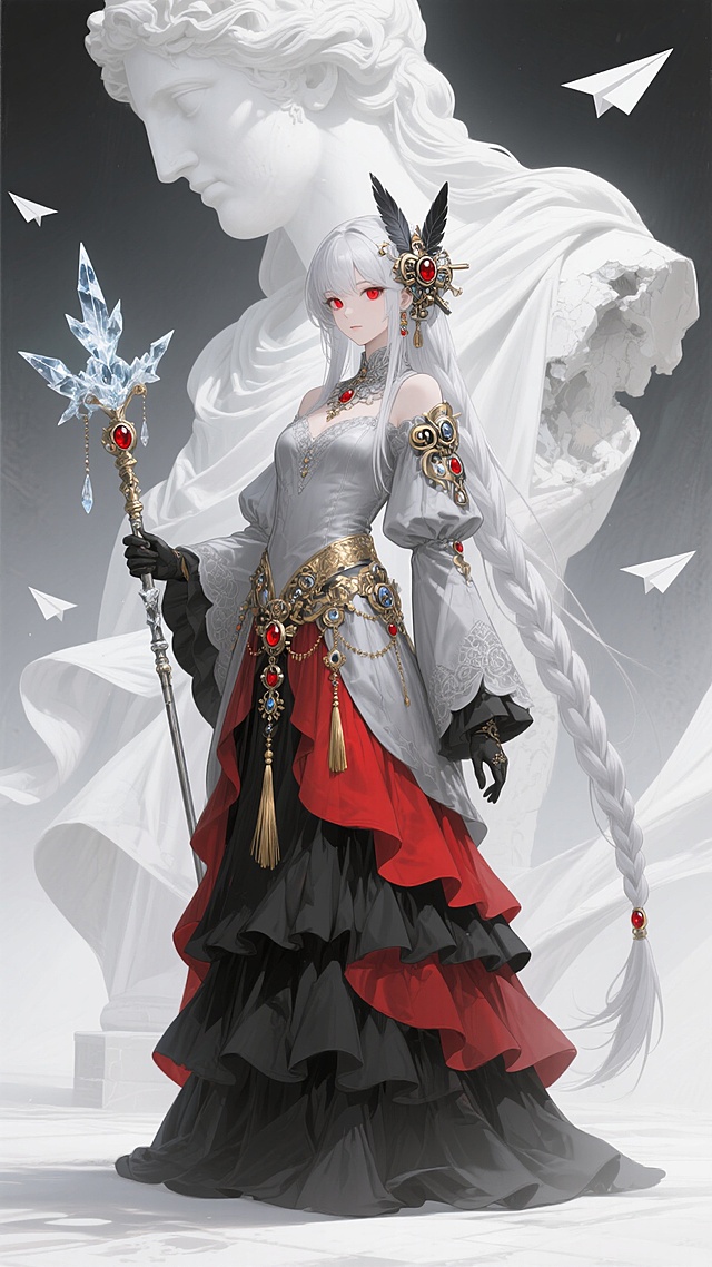 一个身着华丽服饰的女性角色，银发赤瞳，发间有羽毛和机械装饰，长辫垂落。她穿着银灰与红色相间的层叠长裙，裙摆有黑色褶皱，腰间系着金色流苏和复杂配饰，手持一把带有冰晶与红色宝石装饰的长杖。背景是巨大的白色雕像残部，有飘动的布料和飞舞的纸飞机，整体呈现出一种融合了奇幻、机械与古典元素的精致插画风格，色调以灰白为基底，点缀红金，光影柔和，营造出神秘而庄重的氛围。