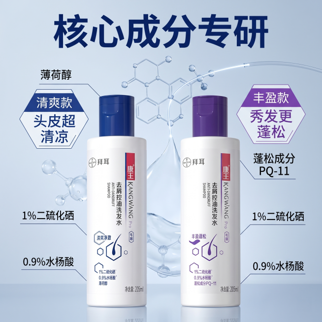 [主图-2] 康王洗发水成分解析主图
氛围风格：科研硬核感，纯净通透科技风
画质：商业摄影质感，清晰细腻，画面干净高级
元素：两瓶康王洗发水放置在画面底部，画面上方悬浮3D分子结构，分别用纤细引线标注预览效果