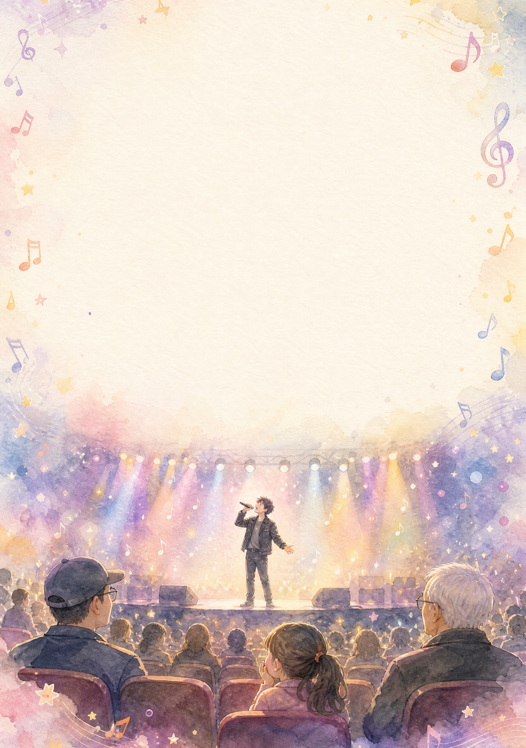 儿童作文集背景插画，演唱会主题，温馨治愈的手绘水彩风格，色彩柔… - 图片创意预览