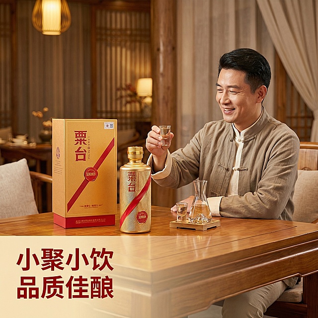 [垫图] https://gdesign-dam-hz.dancf.com/35973934452950079/2c7db0ccc27d4a798f985229bc92f98a.jpg
[主图主题] 小米酱酒饮用场景展示主图
[氛围/风格] 中式雅致氛围感，简单大气亲友小聚场景
[画面元素] 产品放置在中式实木餐桌上，旁边摆放盛有酱酒的透明酒杯，一位亚洲成年男性（身着简约中式休闲装）正举杯示意，画面自然生动，捕捉轻松愉悦的饮用瞬间，背景是温馨雅致的中式餐厅环境，虚化处理突出产品主体，背景铺满全屏无边框。
[配色色系] 主色调：产品金色红色；辅助色：暖木色，柔和米色调，整体暖调氛围温馨舒适
[视角构图] 斜侧视角抓拍，景深适中，产品在前景突出，人物在背景自然互动
[文字版式] 左下角主标题 "小聚小饮 品质佳酿"，粗体红色字体，悬浮在背景留白处，不遮挡产品和人物，排版简洁。
[分辨率] 2k 分辨率