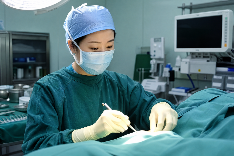女医生带着淡黄色乳胶手套在手术室里，专业医疗场景，真实写实，画面整体超清清晰预览效果