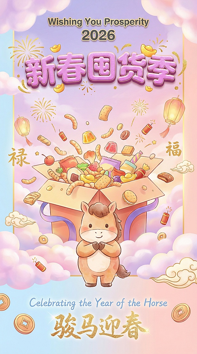 国潮插画风，拟人小马捧礼盒，水彩质感搭配鎏金元素，喜庆卡通感十足，新春国货季主题，洋溢节日氛围。