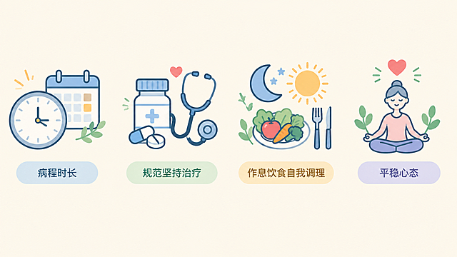 扁平图标组合插画，4组小图标横向整齐排列，浅米色背景。第一组图标代表病程时长：简约线性时钟与日历组合图标；第二组代表规范坚持治疗：线性药瓶与听诊器组合图标；第三组代表作息饮食自我调理：线性月亮太阳与餐具蔬果组合图标；第四组代表平稳心态：线性爱心与冥想人物组合图标。整体为简约线性扁平图标风格，线条柔和圆润，配色清新淡雅，心理健康科普风格，排版整齐均匀，每个图标下方配有简洁的文字标签区域