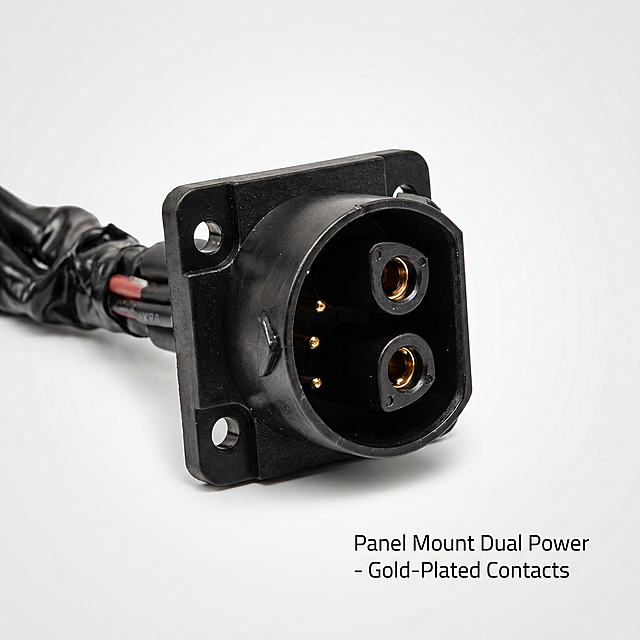 [Main Image 4] Close-up connector detail. Keep original product appearance, focus on the close-up of the panel-mounted dual power outlet end. Show the precision gold-plated contact pins, black molded housing with mounting screw holes, highlight the panel mount design. Add English text note "Panel Mount Dual Power - Gold-Plated Contacts" at corner. Clean light background. 1:1 square.