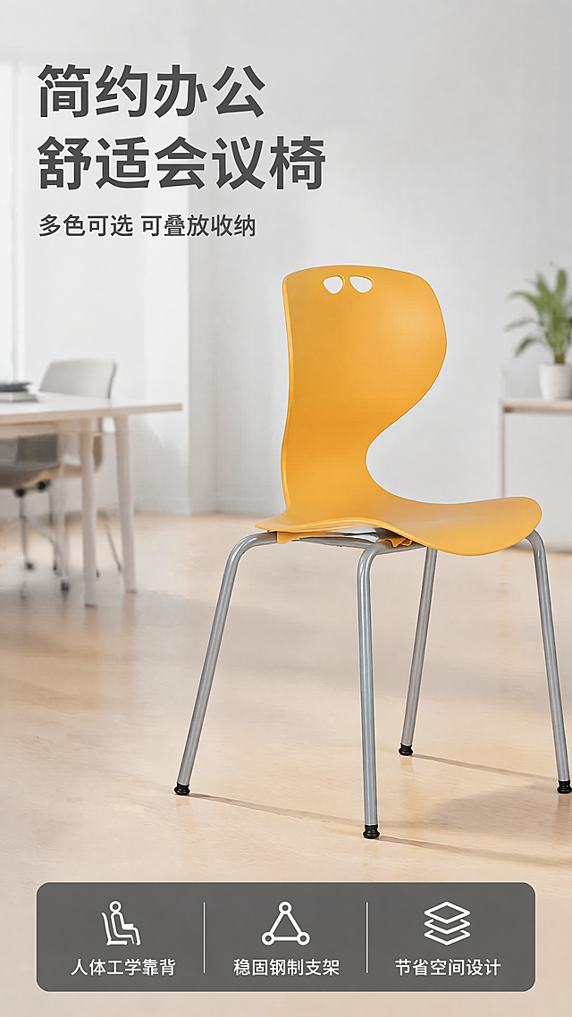 [第1屏] 详情页头图，现代简约会议椅产品宣传海报，展示多色可选的办公会议椅。本屏使用【图1】黄色款作为主商品展示，保持产品结构、轮廓、颜色与原图一致。[氛围/风格] 简约商务风，明亮干净的办公空间背景，商业摄影质感，现代高级感。[元素布局] 黄色会议椅放置在画面中偏右区域，占据60%-70%画面主体。背景为浅灰色简约办公室空间，带有浅木色地面和虚化办公家具背景。画面左上留出主标题区域，底部添加信息条展示核心卖点。保留产品一体成型PP靠背、钢制椅脚的结构和材质质感。[光影质感] 左侧柔和主光，右侧辅助补光，产品底部形成自然投影，整体明暗层次清晰，产品轮廓和材质感真实自然。[配色色系] 全局底色 #F5F7FA（浅灰）；主体配色：黄色靠背座椅+银色钢制椅脚；辅助色：深灰文字+浅灰信息条。[视角构图] 正面45度斜侧视角，景深适中，产品位于视觉中心，左上标题区+中部产品+底部信息条的上下构图，符合9:16竖版阅读动线。[文字版式] 左上主标题「简约办公 舒适会议椅」加粗深灰色，字号较大清晰醒目。主标题下方副标题「多色可选 可叠放收纳」小号深灰色。底部深灰色信息条，三个白色卖点文字「人体工学靠背」「稳固钢制支架」「节省空间设计」，文字不遮挡产品主体，排版工整易读。[比例分辨率] 9:16竖版比例，4K分辨率，文字清晰可辨。[负向提示词] 产品变形，结构错误，颜色偏差，文字错乱，水印，背景杂乱，缺件错件，产品模糊。
