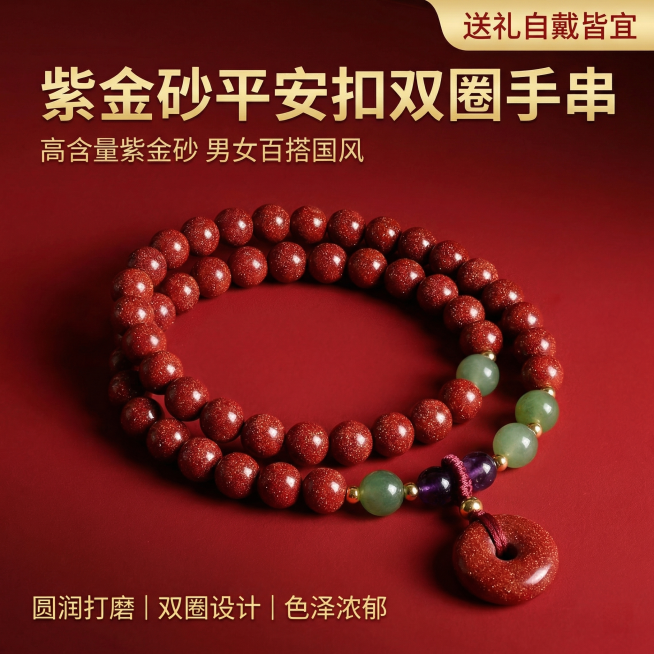 [主图 1] 紫金砂平安扣双圈手串首图
[氛围/风格] 国风文玩，高级质感，浓郁中国红氛围感，光线温润柔和突出砂质颗粒感
[画面元素] 紫金砂平安扣双圈手串居中展示，整体产品完整居中，色泽浓郁细腻的紫预览效果