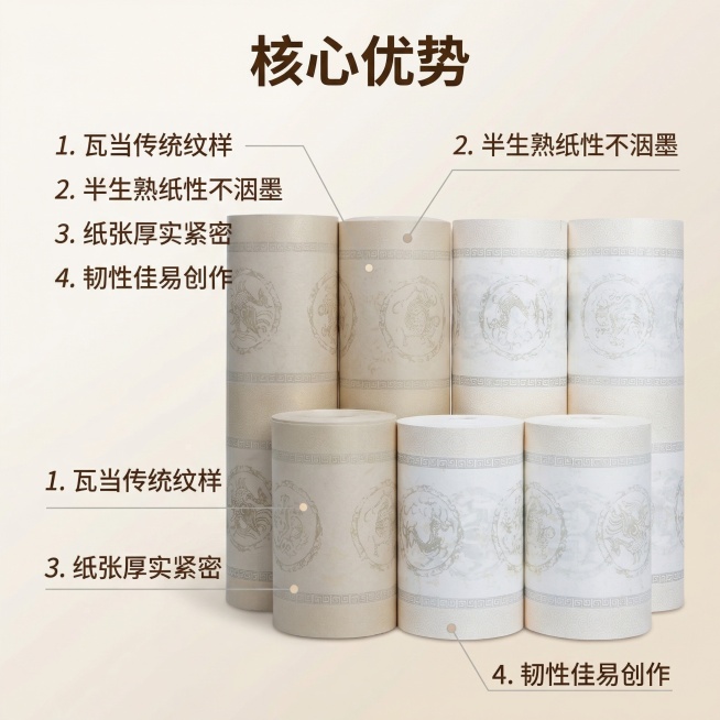 [主图 2] 核心亮点展示，基于已有产品图讲解这款长卷宣纸的核心优势。[氛围/风格] 清晰直观，国风专业质感。[画面元素] 保持原产品排列外观，产品居中展示，周围用引线和数字序号标注各个核心卖点，每个预览效果