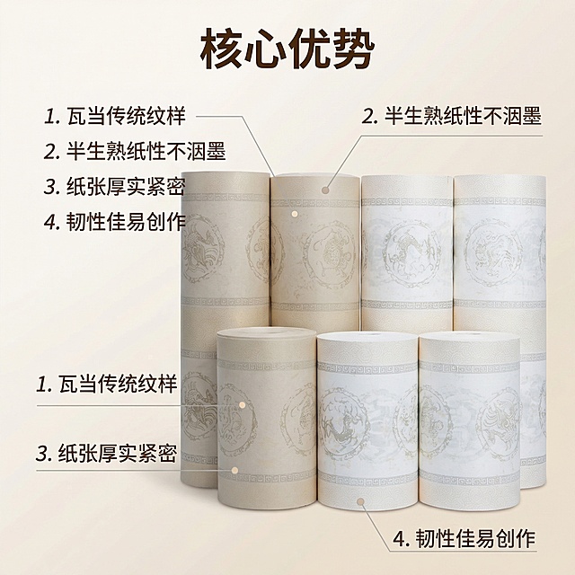 [主图 2] 核心亮点展示，基于已有产品图讲解这款长卷宣纸的核心优势。[氛围/风格] 清晰直观，国风专业质感。[画面元素] 保持原产品排列外观，产品居中展示，周围用引线和数字序号标注各个核心卖点，每个卖点对应纸张特点部位。背景为干净浅米白色渐变，突出产品和卖点文字。[配色色系] 主色调：浅米白，深棕文字。[视角构图] 平视，产品完整展示，一图多亮点，干净不杂乱。[文字版式] 顶部主标题“核心优势”，字体加粗；下方分1/2/3/4四点列出卖点，1.瓦当传统纹样 2.半生熟纸性不洇墨 3.纸张厚实紧密 4.韧性佳易创作；文字左对齐，不遮挡产品主体，深棕色文字配浅灰色引线，层级清晰。[比例分辨率] 1:1比例，2k分辨率。保持产品外观与原图完全一致。