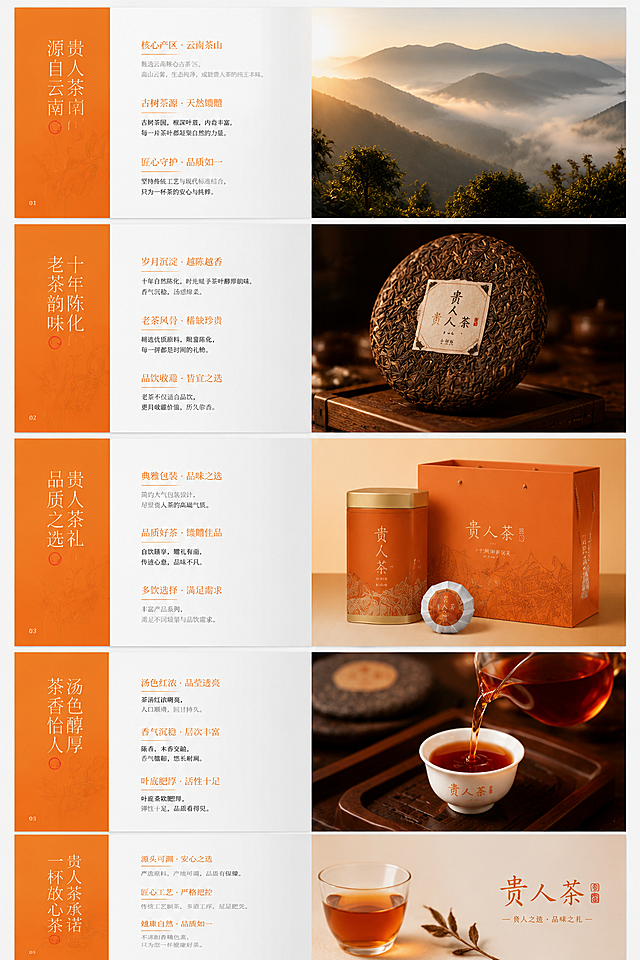 按照参考图片的简约高级风格，设计贵人茶品牌画册内页，整体暖橙色调搭配白色，左侧为主题文案，右侧为对应茶叶图片，包含云南茶山、十年陈化老茶、茶叶产品包装等内容，排版简洁大气，保留参考图的文字版式设计风格