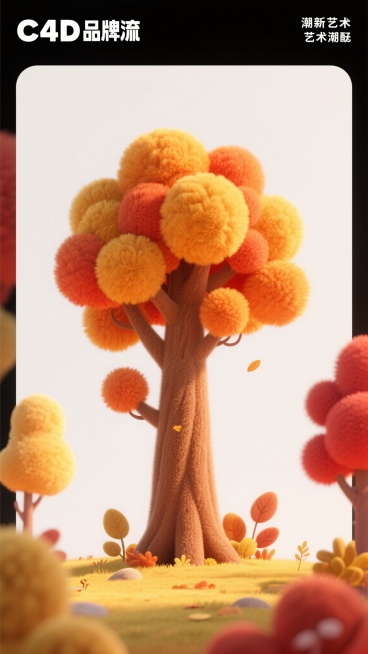 秋天的红色、橙色、黄色和阳光黄为主色调的C4D品牌海报，极简留白设计。画面中央是一棵巨大的毛绒质感树木，呈现膨胀的C4D造型。树干为柔和暖褐色毛绒材质，树叶为橙黄色的毛绒质感，枝叶饱满蓬松，如柔软的植预览效果