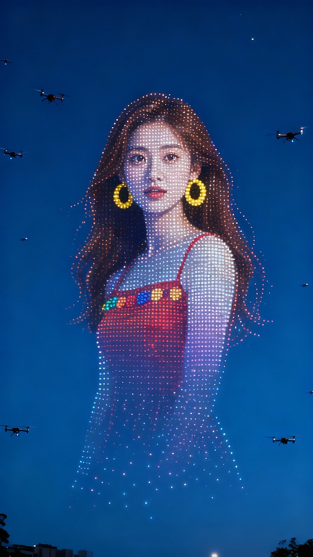 无人机灯光秀，中心区域浮现由无数渐变光点组成的图示人物，形象还原，光点简洁，深夜蓝色天空背景。周围有无人机点缀。
