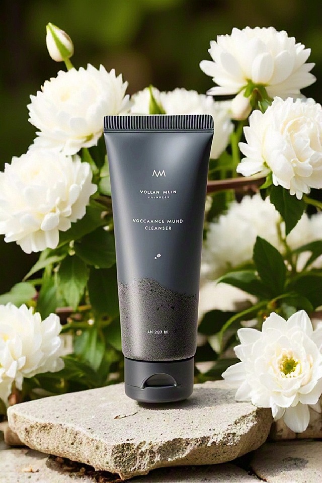 产品在布满白色花朵的石头上，户外背景