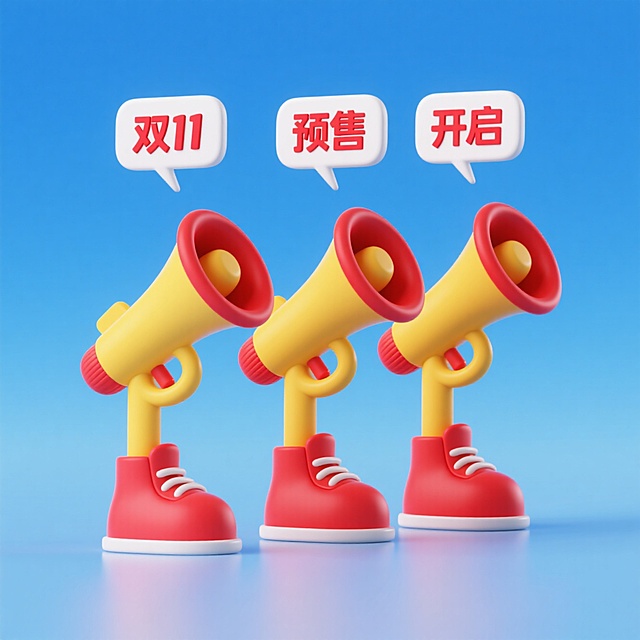 3个黄红配色小喇叭（主体黄色，喇叭口红色，有黄色小腿与红色鞋子）依次在平面上排列；每个小喇叭上方有白色对话气泡和线条，营造说话氛围，每个气泡从左至右依次是红色的文字：“双11”“预售”“开启”；每个扩音器大小不一。背景为简洁空间，适当留白，天蓝色背景，营造出萌趣质感，面朝镜头