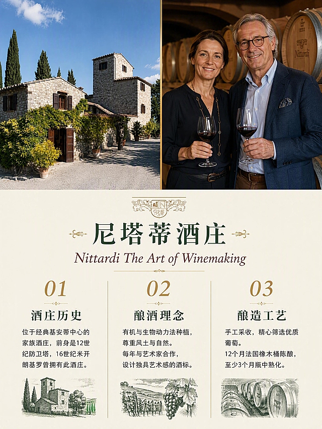 红酒酒庄介绍品牌背书页面，尼塔蒂酒庄历史与艺术传承。上半部分左侧为石砌酒庄建筑照片，有柏树和蓝天，右侧为酒庄庄主夫妇手持酒杯的合影，酒窖橡木桶背景；两张图片等高排列，中间有细金线分隔；下半部分为文字介绍区，米白底，分三栏要点。顶部标题关于尼塔蒂酒庄居中，下方酒红色英文Nittardi The Art of Winemaking；下方三栏文字带金色数字编号：01酒庄历史，位于经典基安蒂中心的家族酒庄，前身是12世纪防卫塔，16世纪米开朗基罗曾拥有此酒庄；02酿酒理念，有机与生物动力法种植，尊重风土与自然，每年与艺术家合作设计酒标；03酿造工艺，手工采收，12个月法国橡木桶陈酿，至少3个月瓶中熟化。上图下文双图拼贴。3:4竖版比例，750px宽，4K分辨率，文字清晰。