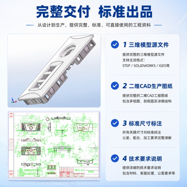 [主图-4] 完整交付内容展示页，展示我们提供的完整交付资料清单。[氛围风格] 清晰透明，专业可信。[画质] 商业设计质感，信息层级明确，画面干净。[元素] 左侧展示本项目3D模型渲染图和CAD图纸示预览效果
