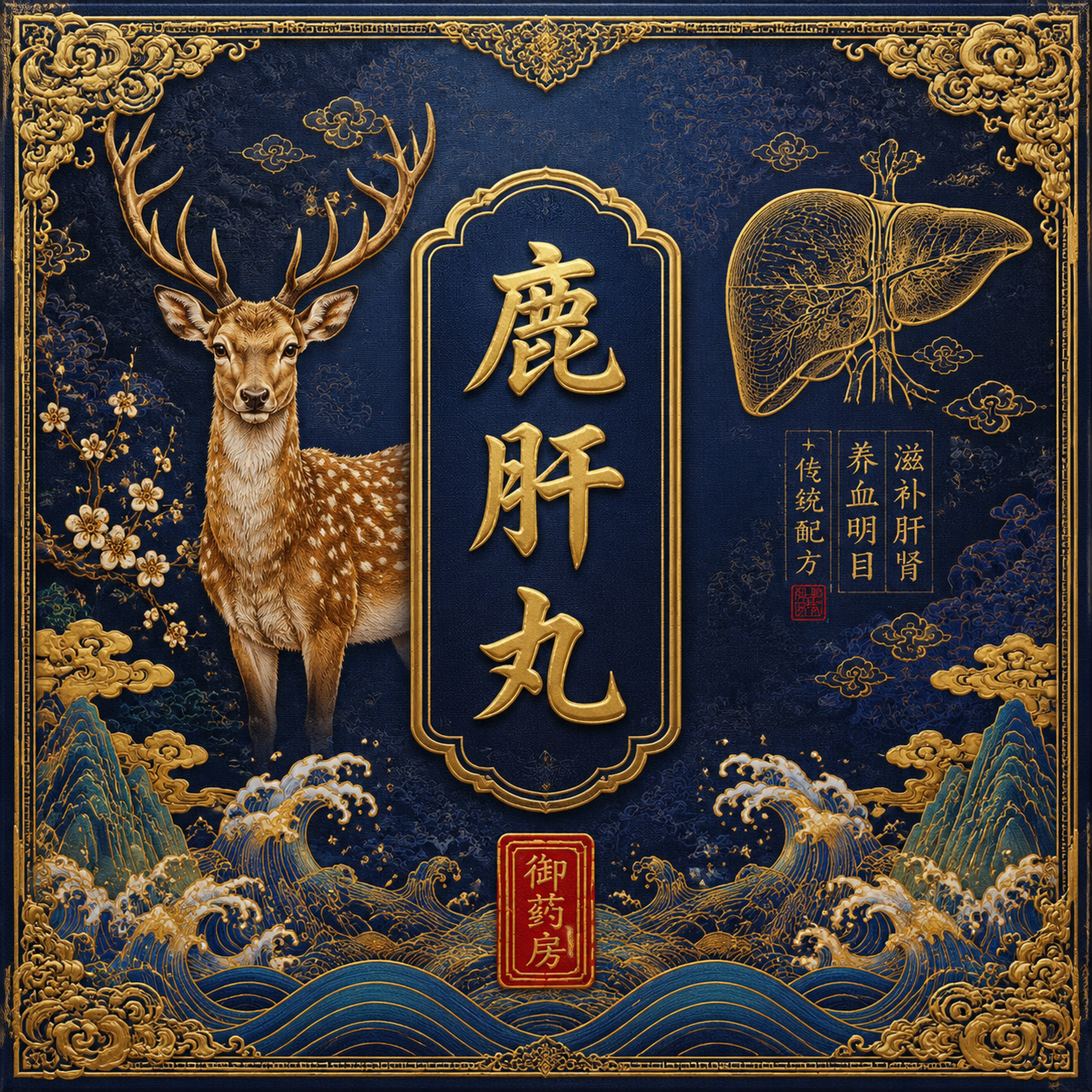 清朝宫廷风格中药包装设计，方形礼盒正面主视觉，蓝色系为主色调。… - 图片创意预览