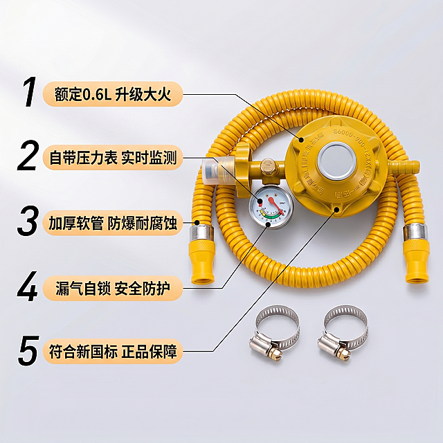 [主图-2] 家用新国标燃气减压阀产品核心卖点展示。
[氛围风格] 简洁专业电商风格；
[画质] 商业摄影质感、光线柔和通透、产品清晰真实、画面干净高级。
[元素] 燃气减压阀主体偏右居中放置，使用引线标注五个核心卖点：0.6L额定流量、带压力表实时监测、加厚防爆管、漏气自动自锁、新国标认证。保持减压阀及连接管外观（物理结构、材质质感、颜色）与输入产品图绝对一致，杜绝任何变形和色差，精细化处理。商品主体占比严格控制在60%-70%之间，画面满屏无边框。
[光影] 正面均匀布光，主光清晰打亮产品主体，辅光柔化暗部，金属压力表和接头有干净高光反光，减压阀主体和软管纹理清晰锐利，背景干净无杂影。
[配色] 主色浅灰白干净背景；辅色提取产品工业黄，卖点标签用浅橙黄底深灰字，对比清晰。
[视角构图] 平视视角，产品主体在右侧，左侧卖点编号排版，景深较浅突出主体。
[文字版式] 左侧竖排1-5大字编号+卖点清单，左对齐：1 额定0.6L 升级大火；2 自带压力表 实时监测；3 加厚软管 防爆耐腐蚀；4 漏气自锁 安全防护；5 符合新国标 正品保障；字体大小对比清晰，编号最大，卖点文字缩小，不遮挡产品主体。
[比例分辨率] 1:1 比例，2K分辨率；文字清晰锐利，画面超高清。
[负向提示词] 变形，文字错乱，产品图模糊，背景杂乱，水印，电商平台Logo，二维码，遮挡主体