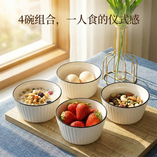 这是一张有4个陶瓷碗的图片，碗的风格为山田竖纹，碗口直径为4.5英寸。请根据我的图片，帮我绘5张不同角度的场景图。每张场景图比例为1：1，内容是将这4只碗与不同的日常生活场景结合，并配上简要的卖点介绍预览效果