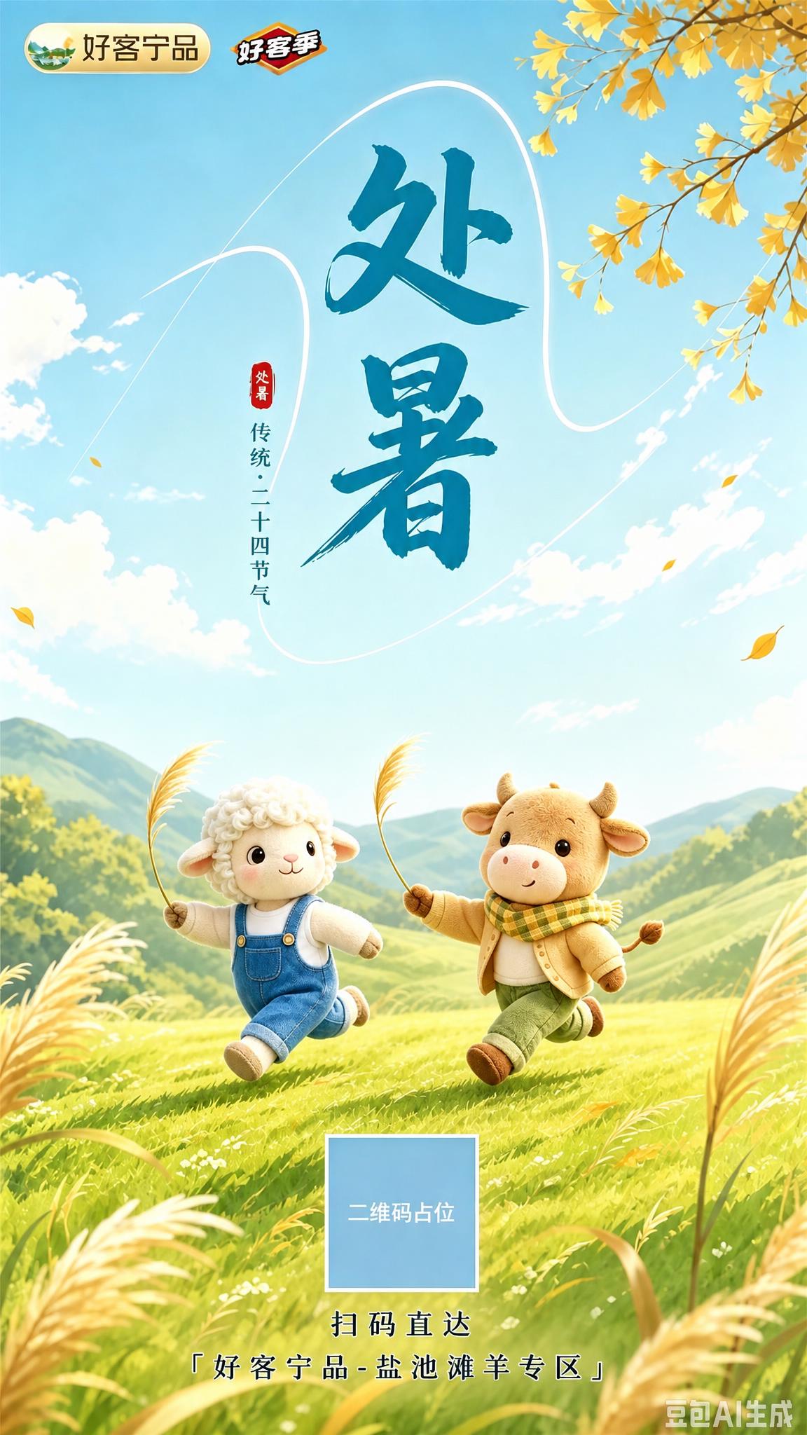 基于这张处暑海报，将小羊和小牛两个毛绒形象整体缩小约25%，保… - 图片创意预览