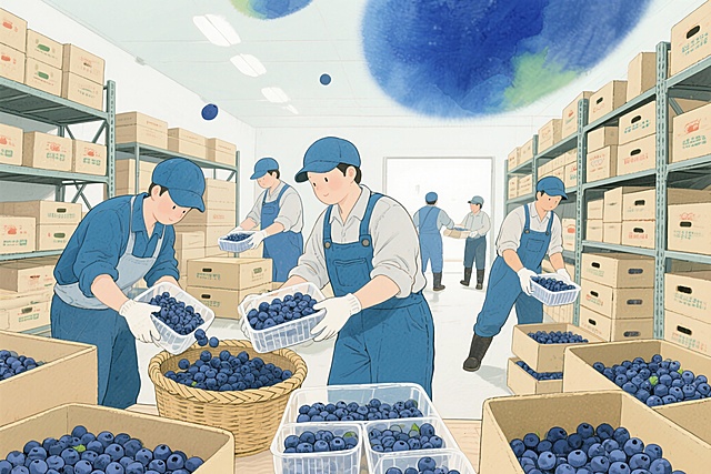 请为我生成几张工人打包蓝莓的插画，风格参考图一