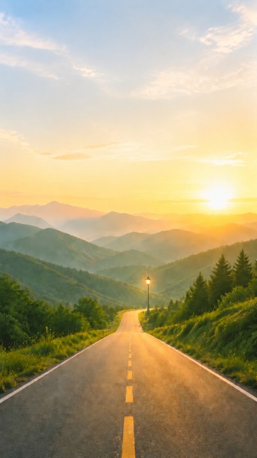 去除图片中所有的文字，保持原图竖版公路日出山林风景、整体风格和色调不变，自然填充文字区域和周围天空融合预览效果