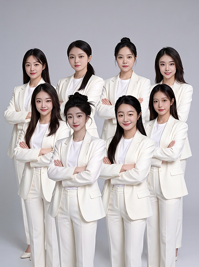 8位年轻职场女性的团队合照，全部身穿米白色西装套装内搭白色T恤，站姿自然，双臂交叉抱于胸前，表情自信专业，每个人保留各自参考图中的面部特征和发型特点，人物排列整齐错落有致，团队合影构图，浅灰色纯色渐变背景，柔和均匀的影棚灯光，专业商务形象照风格，高清细腻皮肤质感，画面比例3:4