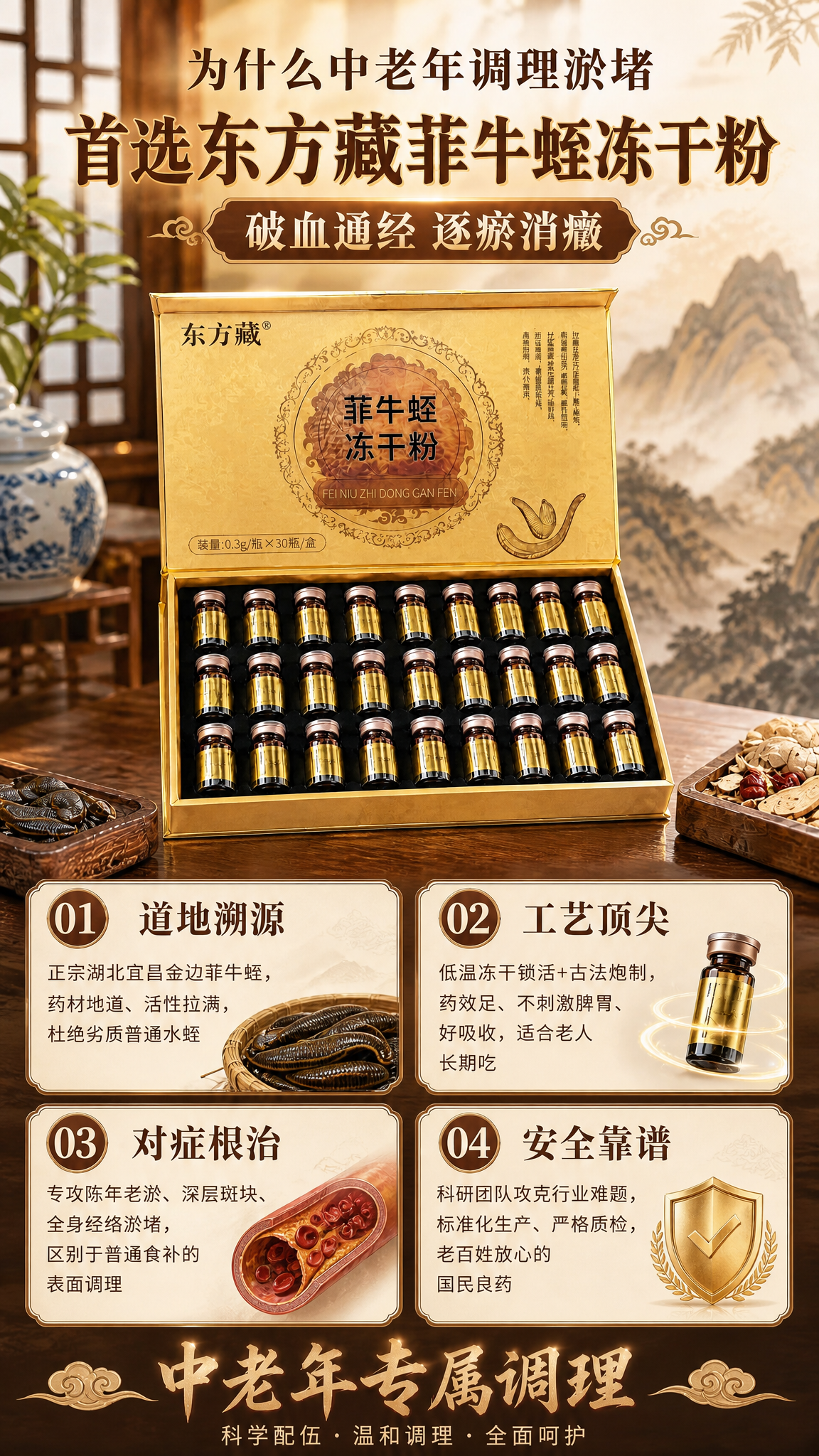 东方藏菲牛蛭冻干粉广告营销海报，竖版9:16，中式养生高端风格… - 图片创意预览