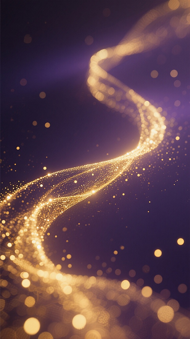 一张具有高级感的背景图，整体呈现出深邃的暗紫色调，画面中一条流畅飘逸的金色粒子光带从左下角蜿蜒至右上角，粒子大小不一，分布疏密有致，光带边缘有柔和的金色光晕扩散，背景中点缀着稀疏的细小金色光点，营造出神秘而奢华的氛围，光影效果细腻，粒子质感清晰，整体构图平衡且富有动感。