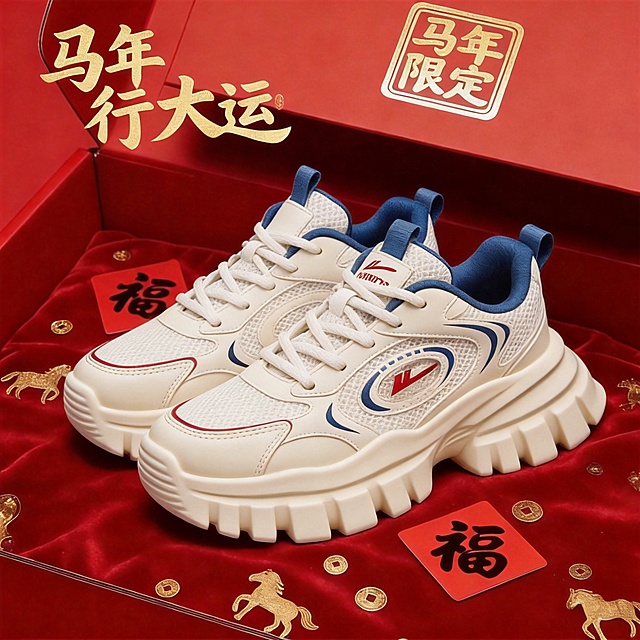 将图中鞋子的鞋底替换为图1回力老爹鞋的米白色厚底，精准还原鞋底细节，保持鞋子主体配色、红色礼盒背景、金色小马、福字贴纸等所有元素不变