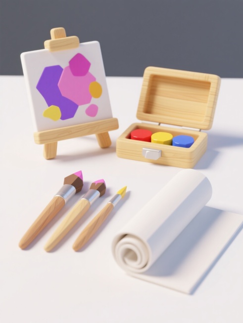 一套四个规整排布的3D低多边形风格绘画工具素材集合，每个元素均为不同内容：第一个是带有紫色、粉色和黄色抽象颜料涂抹的画板，第二个是装有红黄蓝三原色颜料的木质颜料盒，第三个是三支不同型号的木质画笔，第四个是卷着白色画布的画筒，所有元素均为米黄色木质材质，表面有柔和高光和轻微阴影，置于纯白色背景上，整体呈现简洁、统一的卡通化3D设计感。预览效果