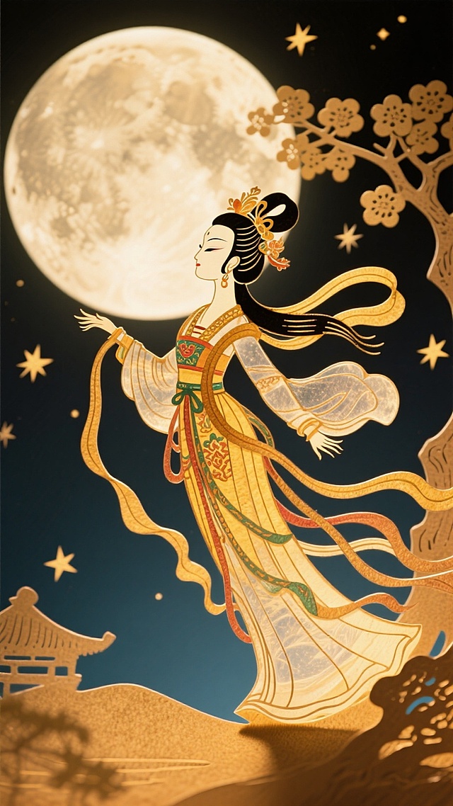 古典中式剪纸风插画，嫦娥翩然起舞于明月之下，鎏金线条勾勒优雅身姿，静谧梦幻中透出浪漫唯美感。