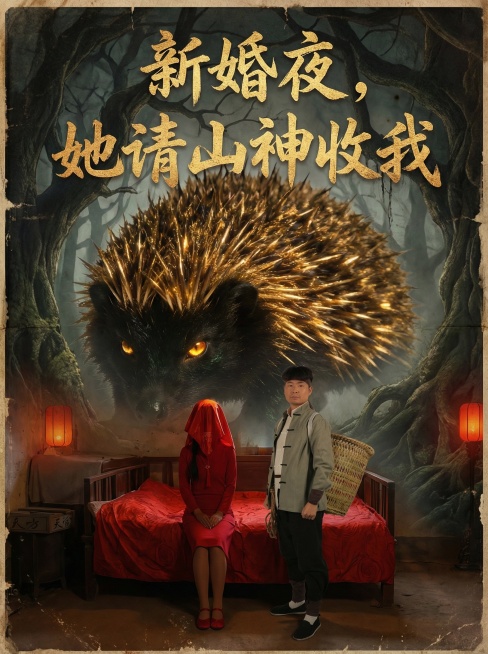 年代感短剧海报，画面下方是穿着红色嫁衣盖着红盖头的女子和穿着中式粗布衣裳的男子，后方是一只巨大的刺猬作为山神形象，海报上方有文字"新婚夜，她请山神收我"，整体风格复古暗沉，充满悬疑氛围预览效果