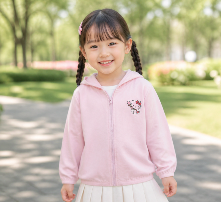 这件浅粉色Hello Kitty刺绣女童连帽外套，让可爱的亚洲女童上身穿着，在清新户外公园场景展示，自然光线，真实童装摄影风格预览效果