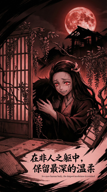 鬼灭之刃暗黑美学风格，祢豆子半鬼化护兄瞬间，赤目獠牙却流露人性温柔，背景为血月与破碎的和室，紫藤花枝条缠绕。中文文字“在非人之躯中，保留最深的温柔”及英文翻译，红黑单色调，浮世绘线条与戏剧化阴影，竖版预览效果