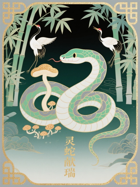 中国传统木版年画风格，拟人化蛇盘绕灵芝仙草，背景竹林与仙鹤，四角竹叶纹样，底部竖排“灵蛇献瑞”，工笔重彩，翠绿配青灰，金粉勾边，长寿寓意预览效果