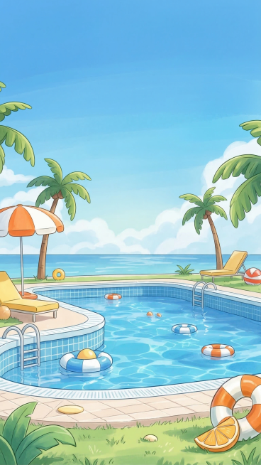 将这张夏日泳池海景图转换为清新插画风格，保留原构图、所有场景元素和配色，修改为手绘插画质感预览效果