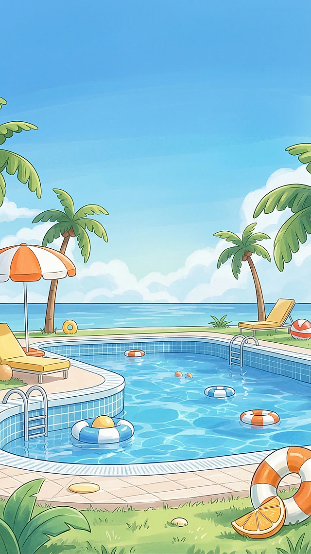 将这张夏日泳池海景图转换为清新插画风格，保留原构图、所有场景元素和配色，修改为手绘插画质感