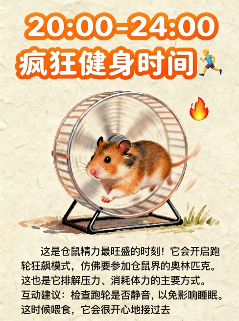 将标题修正为“20:00 - 24:00 疯狂健身时间🏃”，下方文字替换为“这是仓鼠精力最旺盛的时刻！
它会开启跑轮狂飙模式
仿佛要参加仓鼠界的奥林匹克
这也是它排解压力、消耗体力的主要方式

互动预览效果